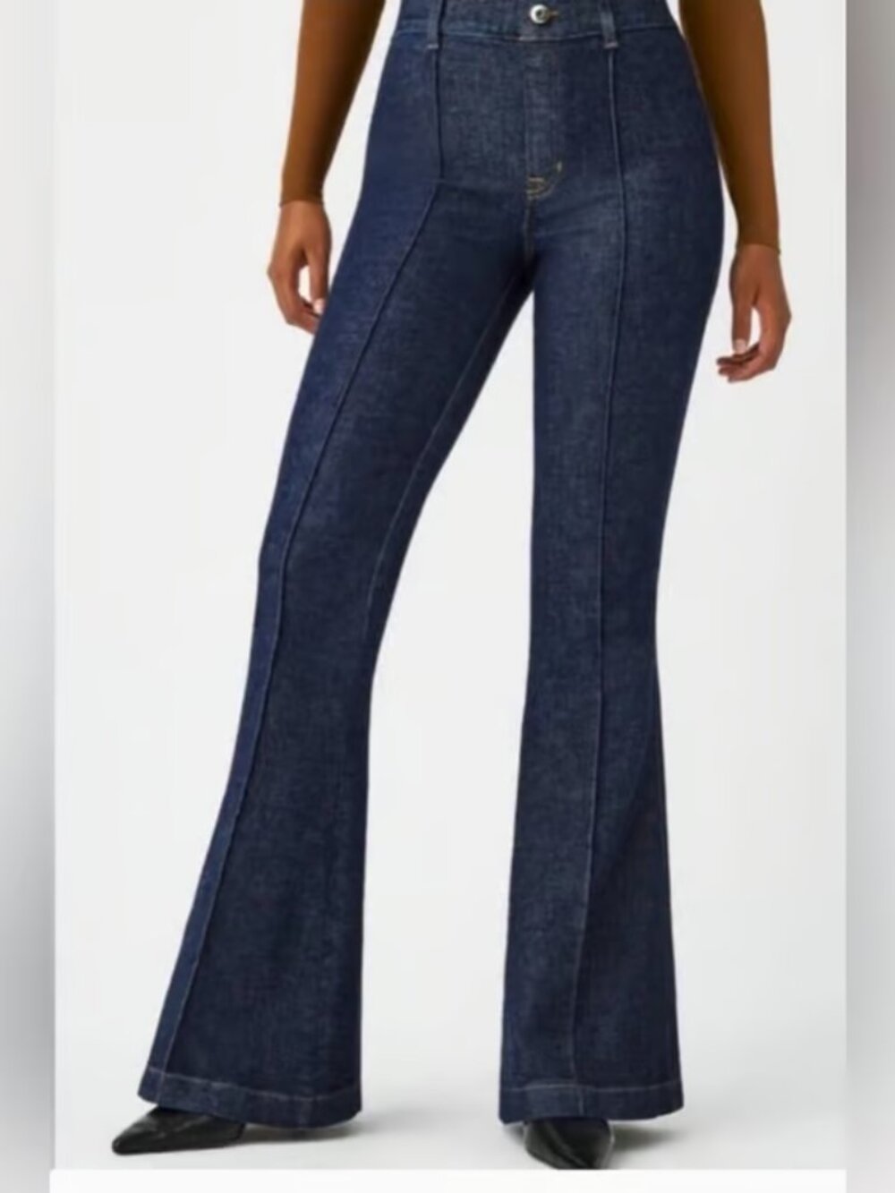 Spanx Jeans Pintuck Flare Seam Front Denim Pant Cotton High Rise Blue Size Large - Picture 9 of 10